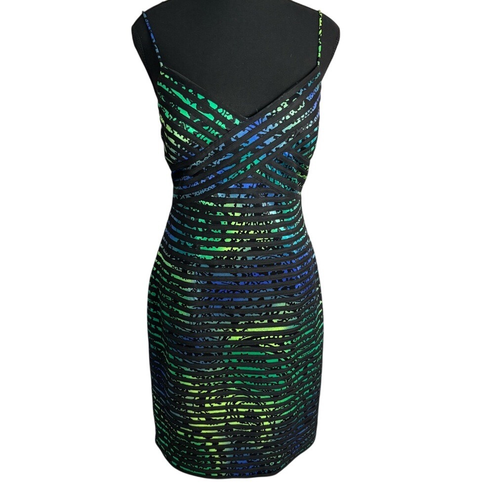 JS Collections Y2K spaghetti strap Mini Dress Blue Green Black Body-con Size 10